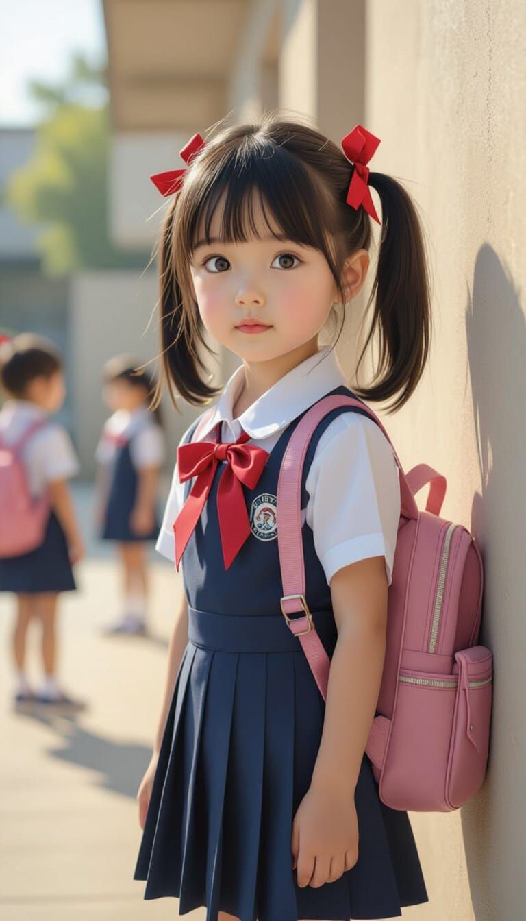 Girl with Pigtails Watching Children Play