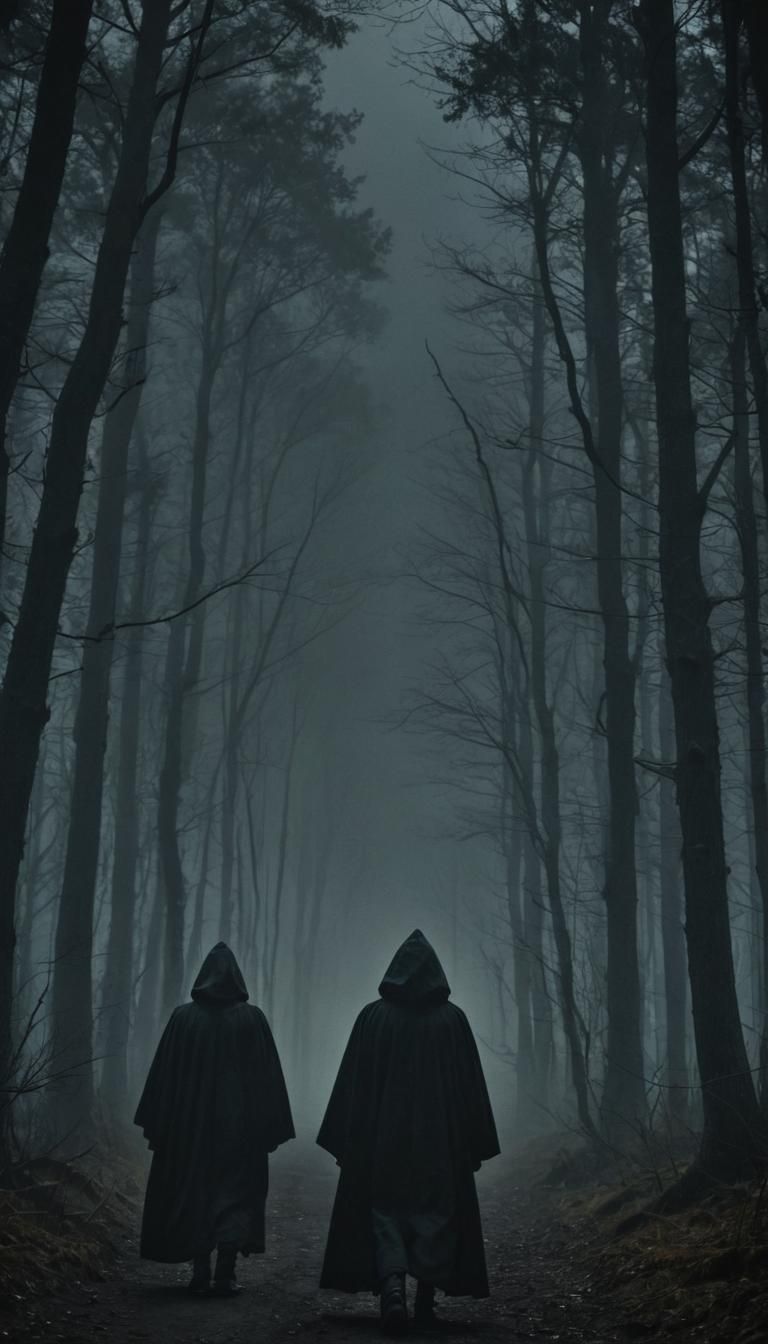 Ominous Forest Scene with Figures in Dark Robes