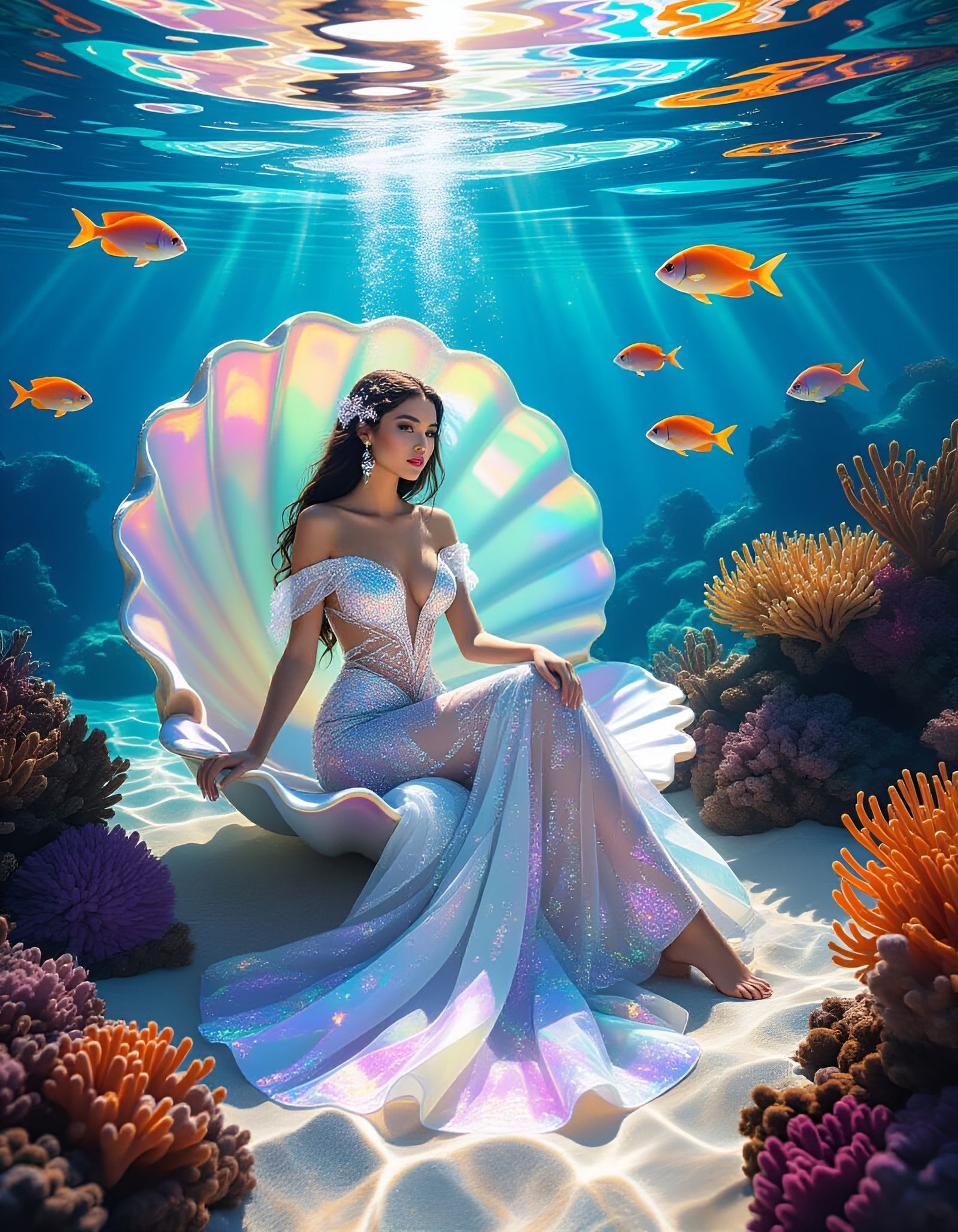Ethereal Woman in Seashell: Underwater Fantasy Art