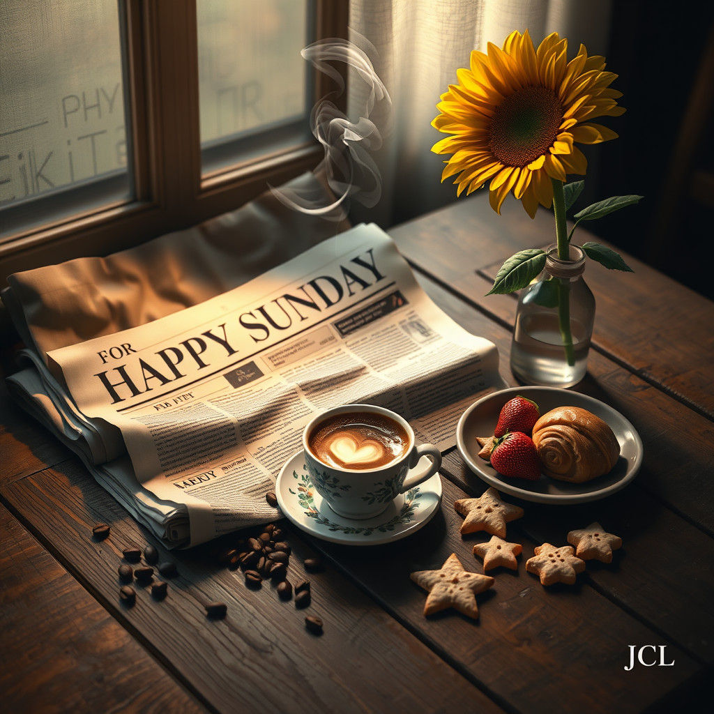 Newspaper Headline 'Happy Sunday' with Coffee and Pastries