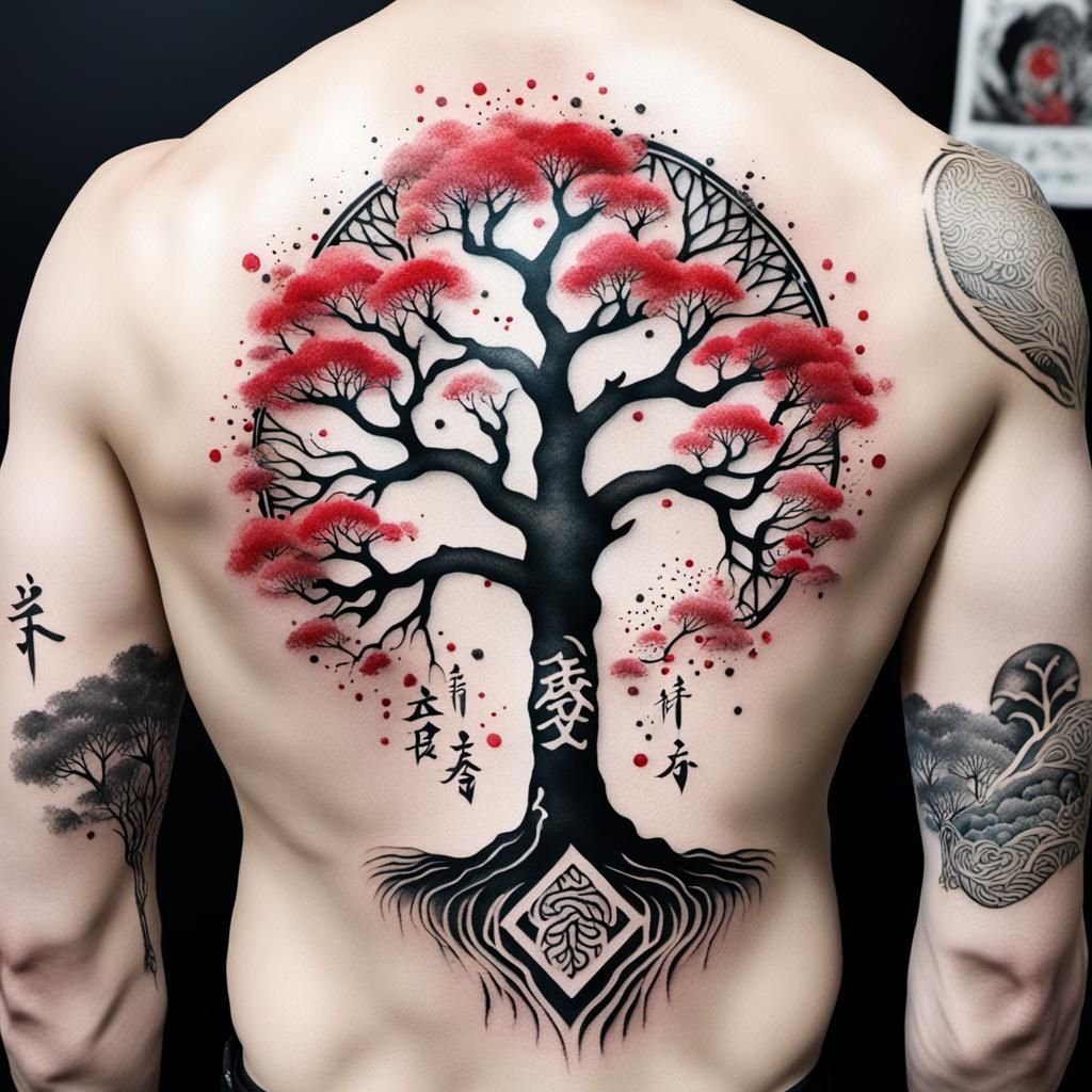 Yggdrasil Tree Tattoo in Japanese Ink Style