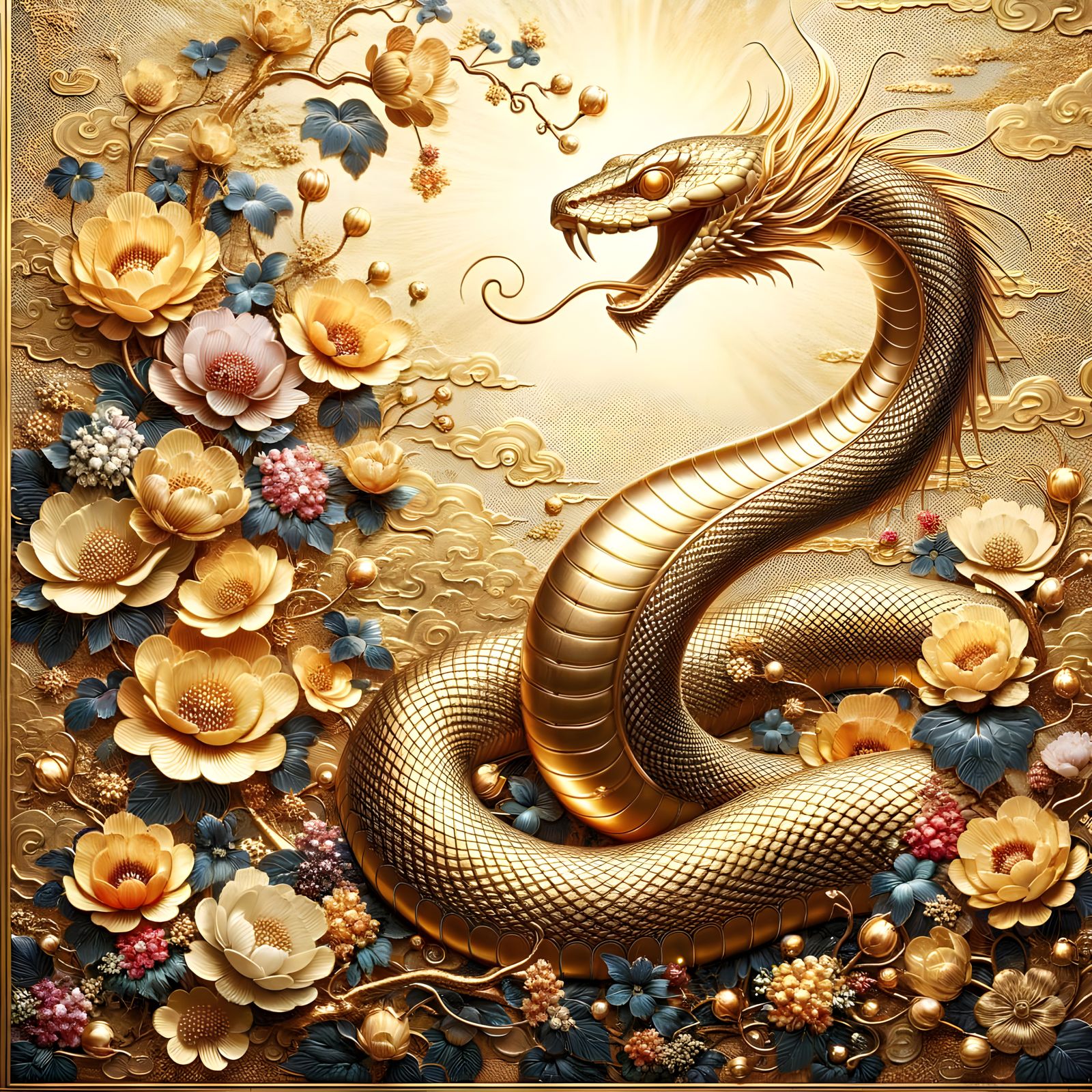 Golden Chinese Snake with Floral Background