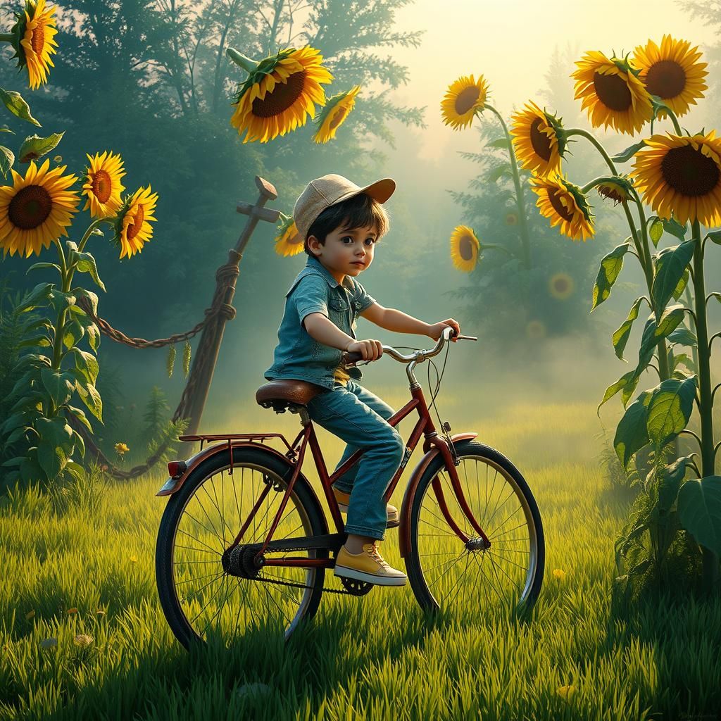 Boy Rides Vintage Bike in Whimsical Garden