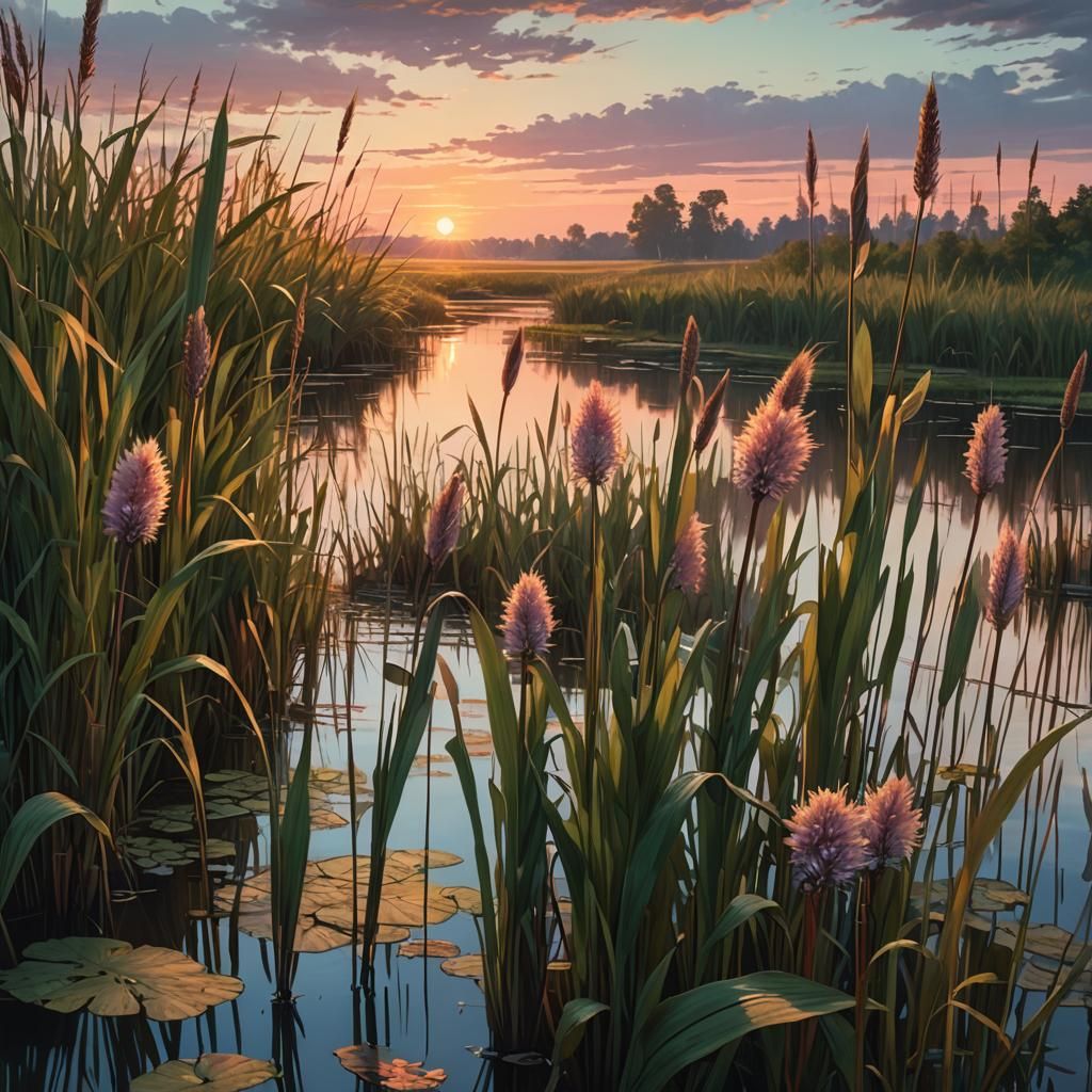 Serene Sunset Marsh with Bullrush in Hyperrealism