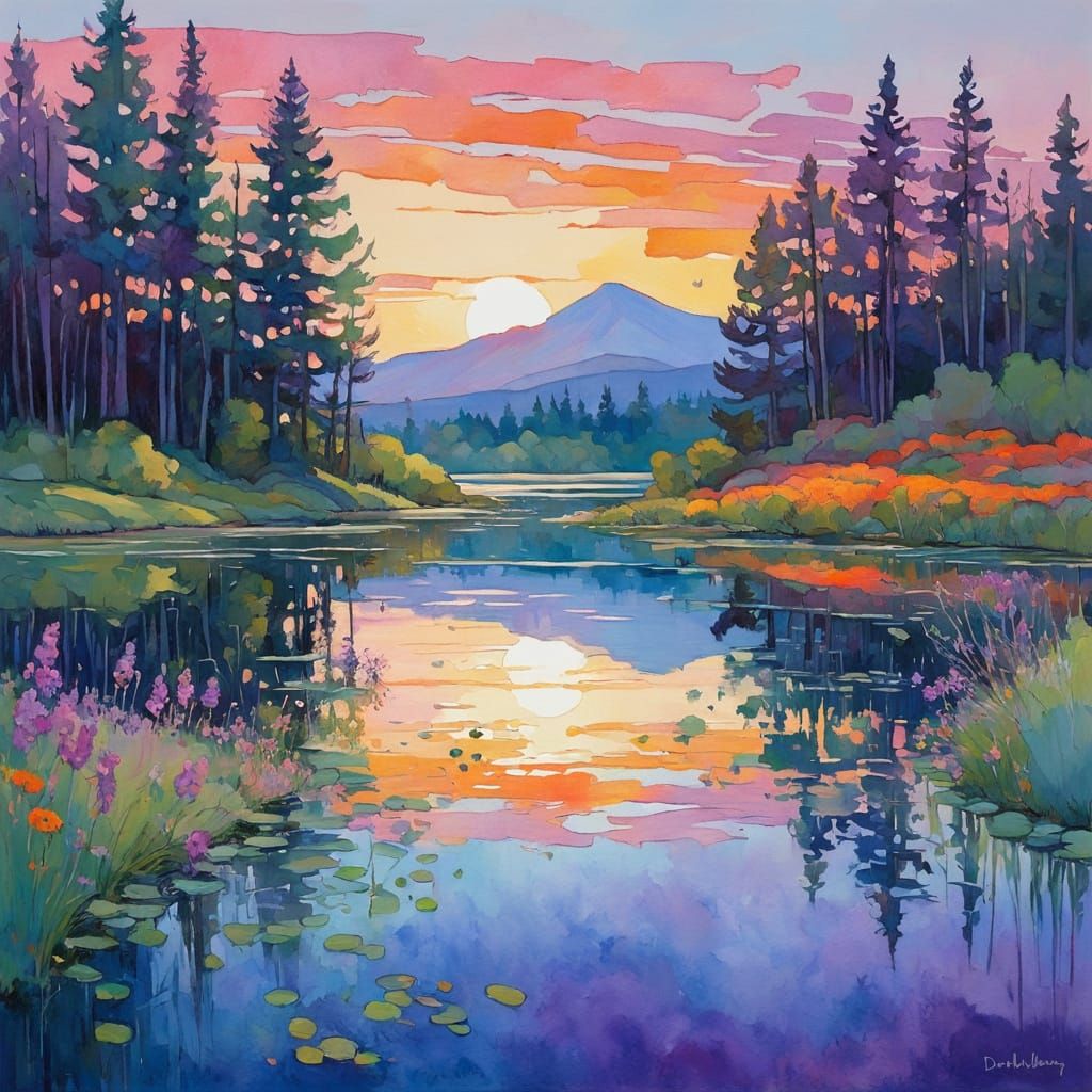 Serene Lake Sunset Watercolor Painting with Wildflowers
