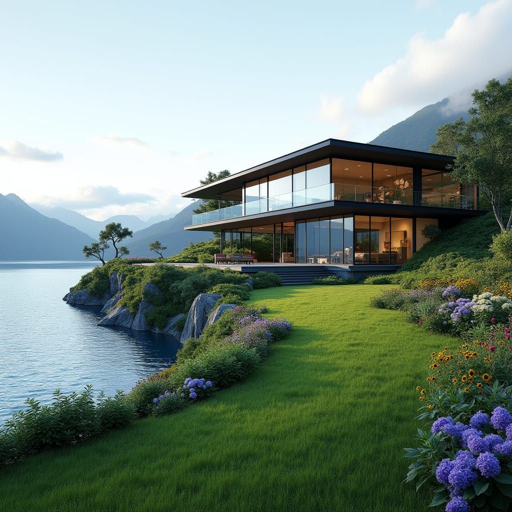 Modern Hillside Residence with Deep Blue Dam and Lush Buffer