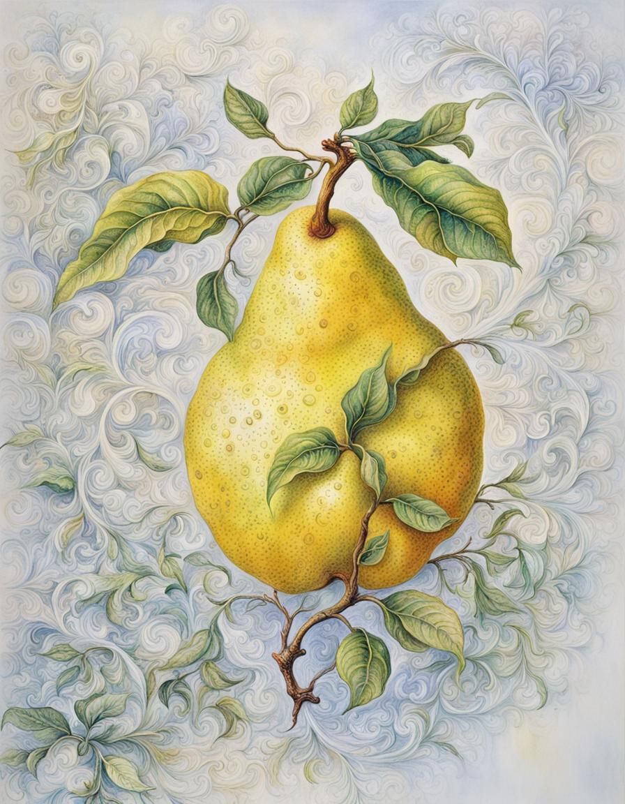 Yellow Pear with Green Leaves in Visionary Style