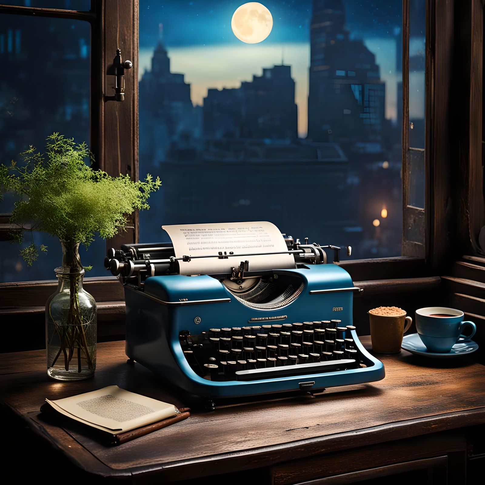 Beautiful classical antique typewriter on an old rustic table.