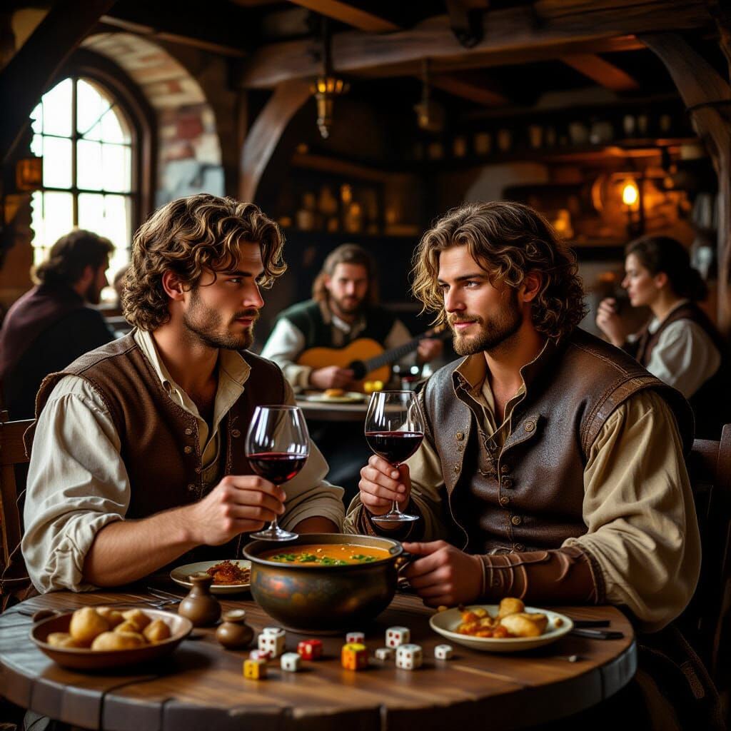 Medieval Tavern Scene with Carpenter and Healer