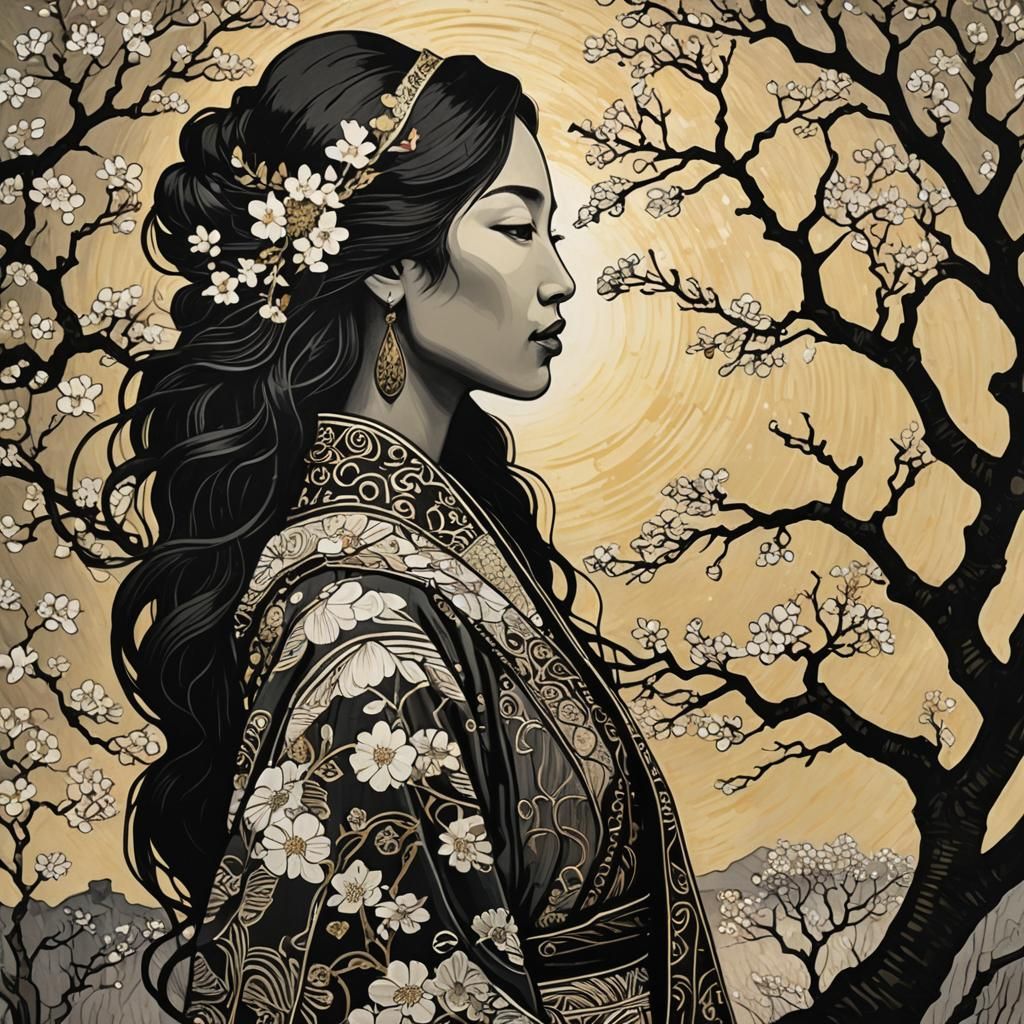 Oriental Goddess Silhouette with Sakura Trees