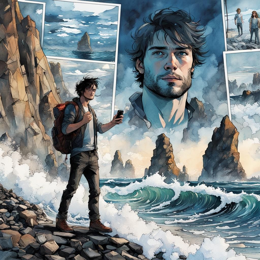 Figure in Comic Book Layout in Watercolor Style