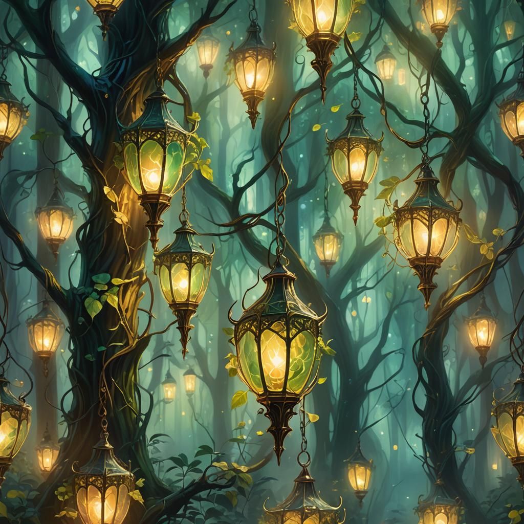 Mystical Forest: Unconventional Lamps in Oil Painting Style