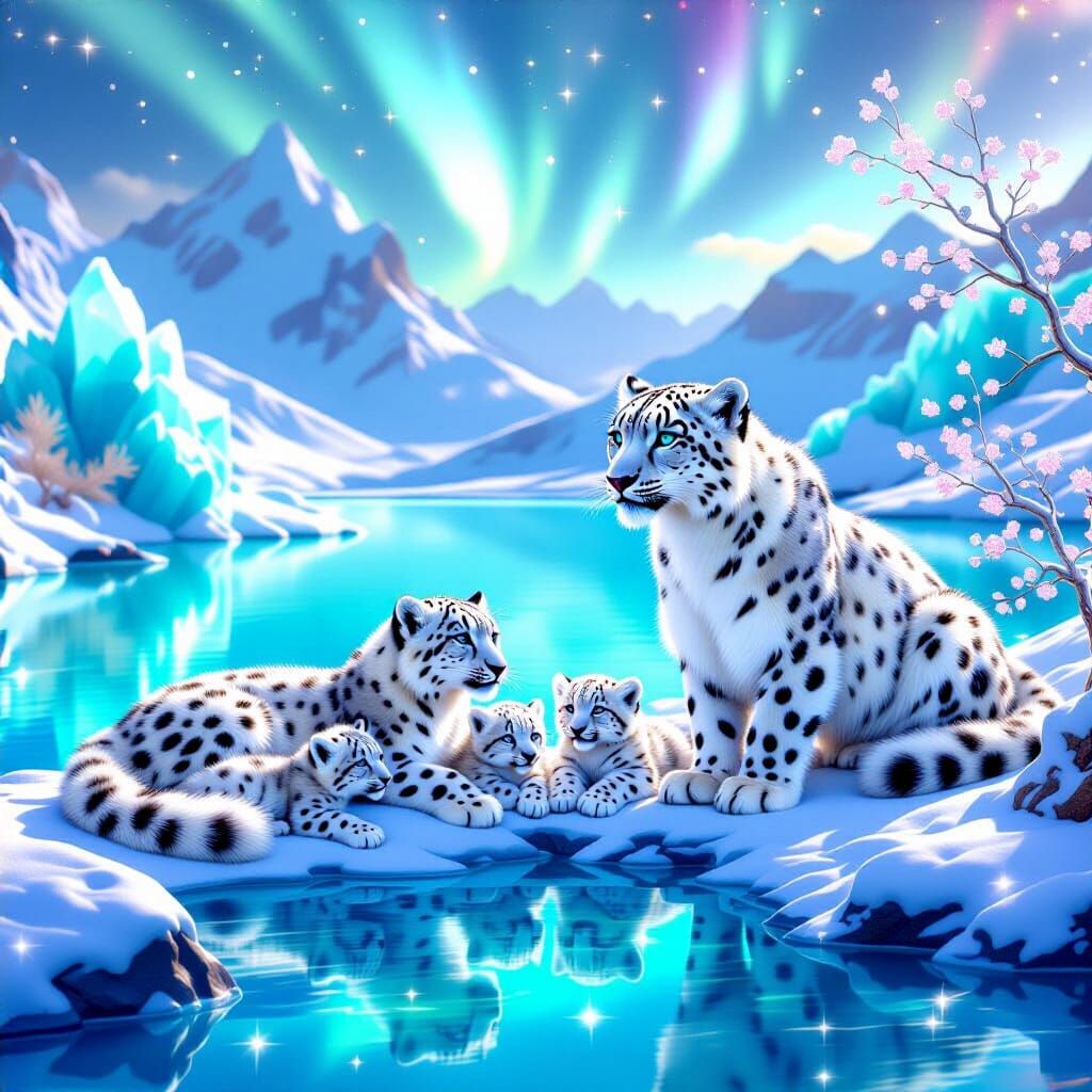 Snow Leopard Family in Futuristic Turquoise World