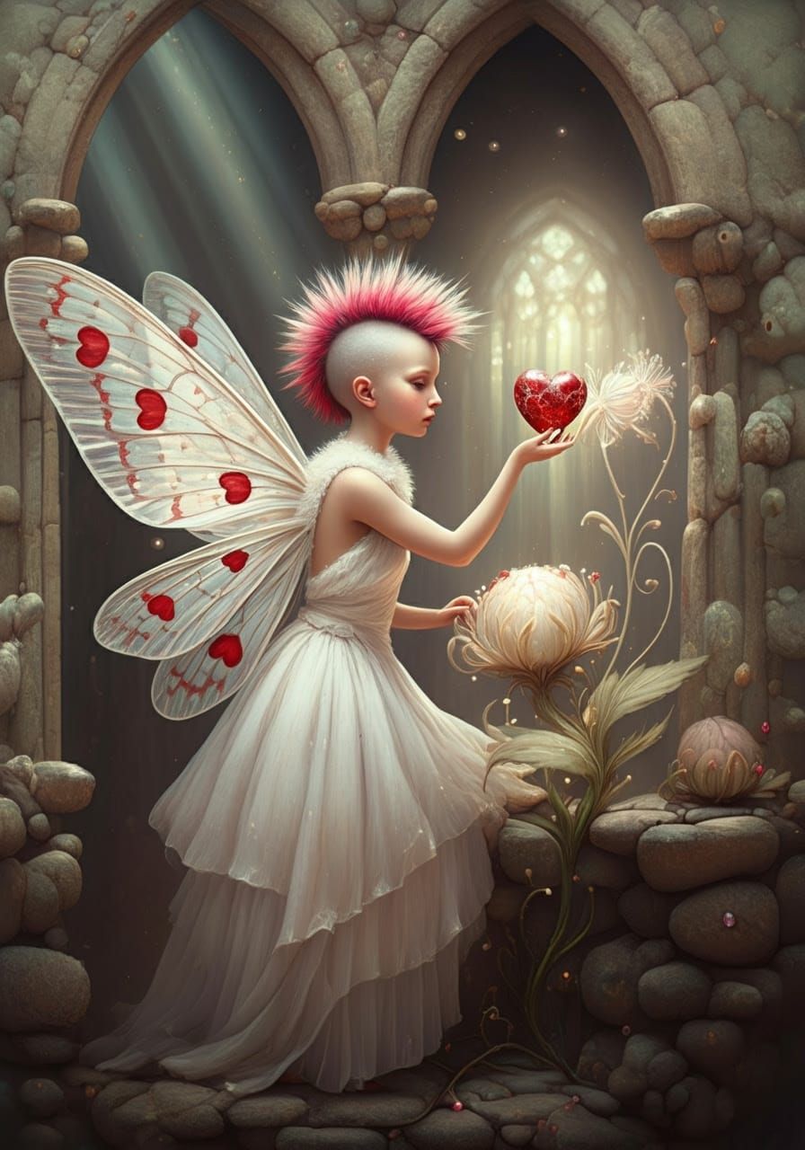 Dreamy Moth Fairy with Heart Wings in Stone Architecture