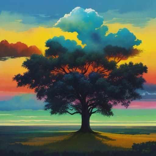 African Sunset Baobabs in Gouache Watercolor Style