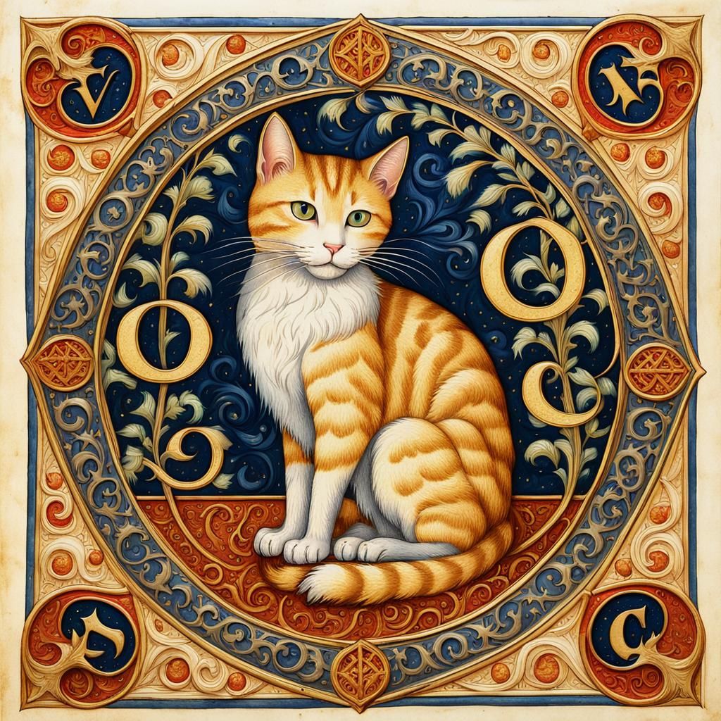 Cat on Illuminated Letter in Medieval Manuscript Style