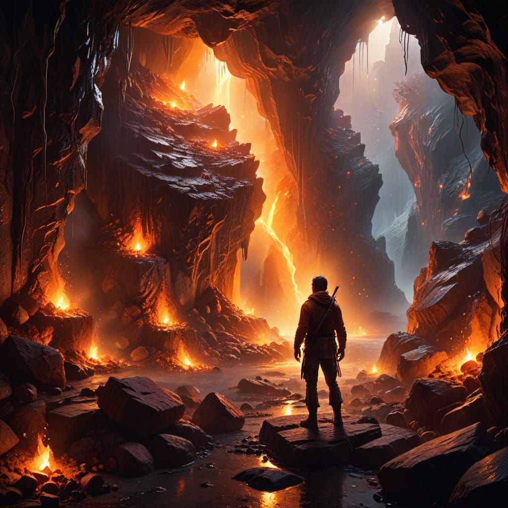 Mystical Cave Explorer in Oil Painting Style