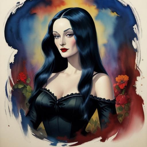 Morticia Addams in Gouache Pin-Up Style