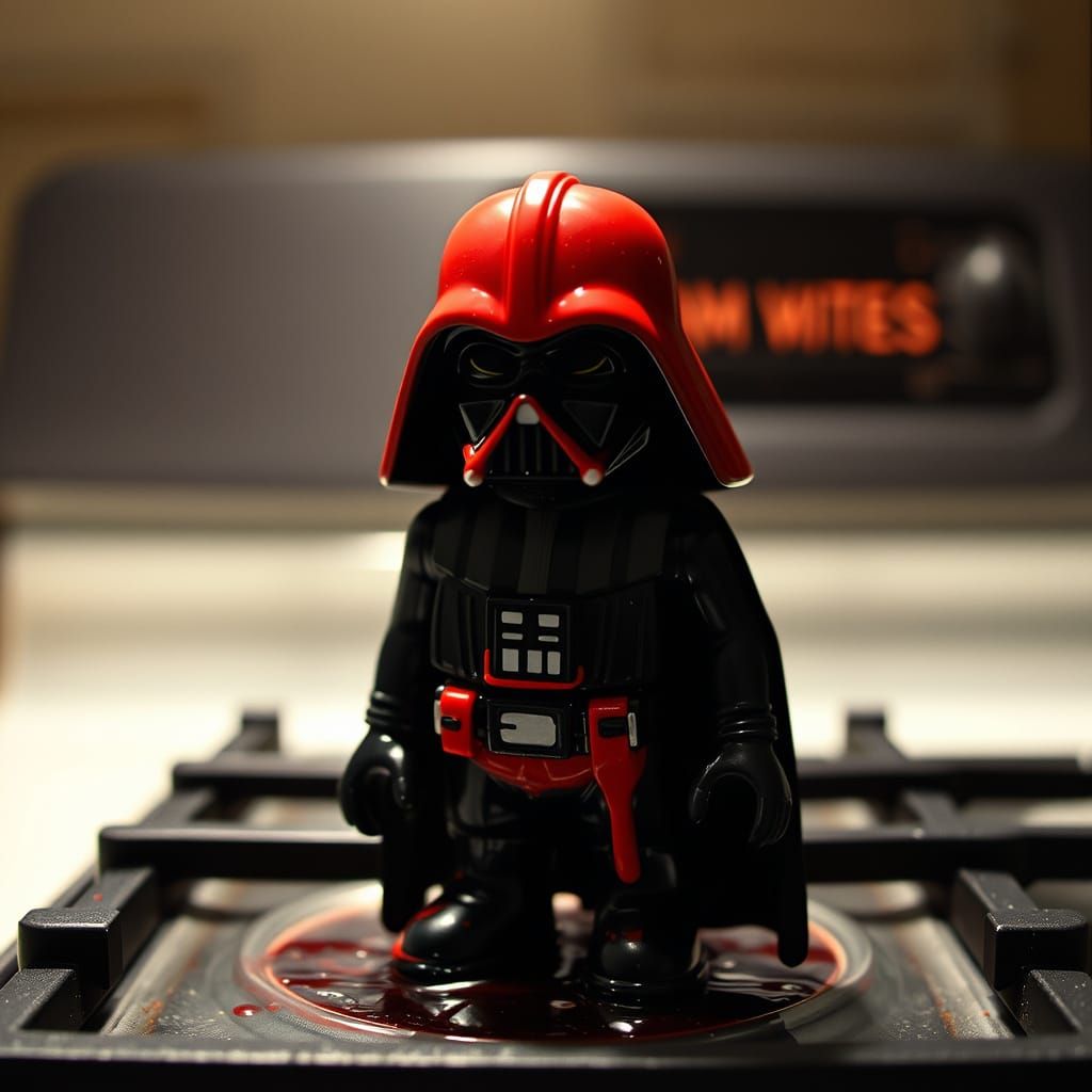Melted Darth Vader Action Figure in Cinematic Film Still