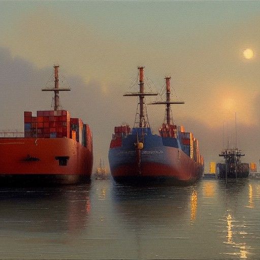 Cargo Ships Docked at Dusk: Oil Painting