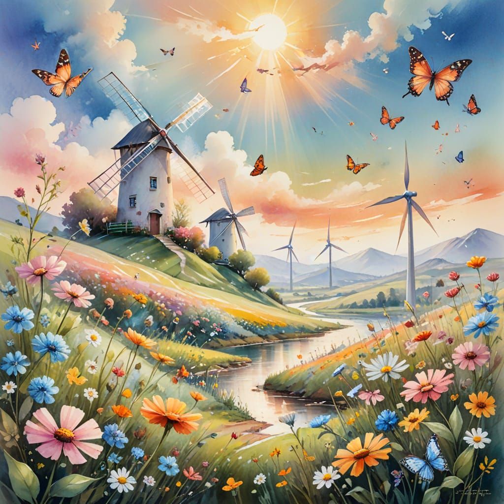 Fairy Tale Landscape with Butterflies and Wind Turbines