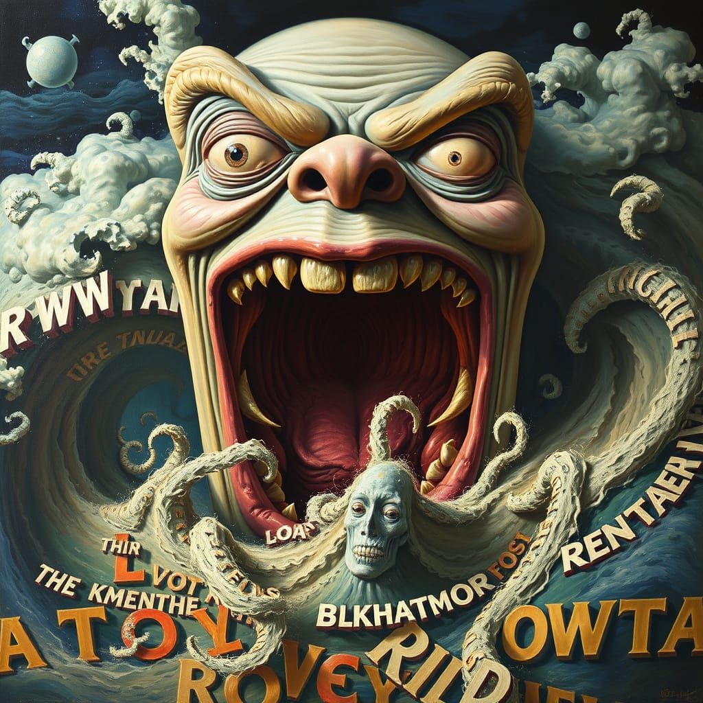 Grotesque Head Swallowed by Whirlpool of Words in Vibrant, S...