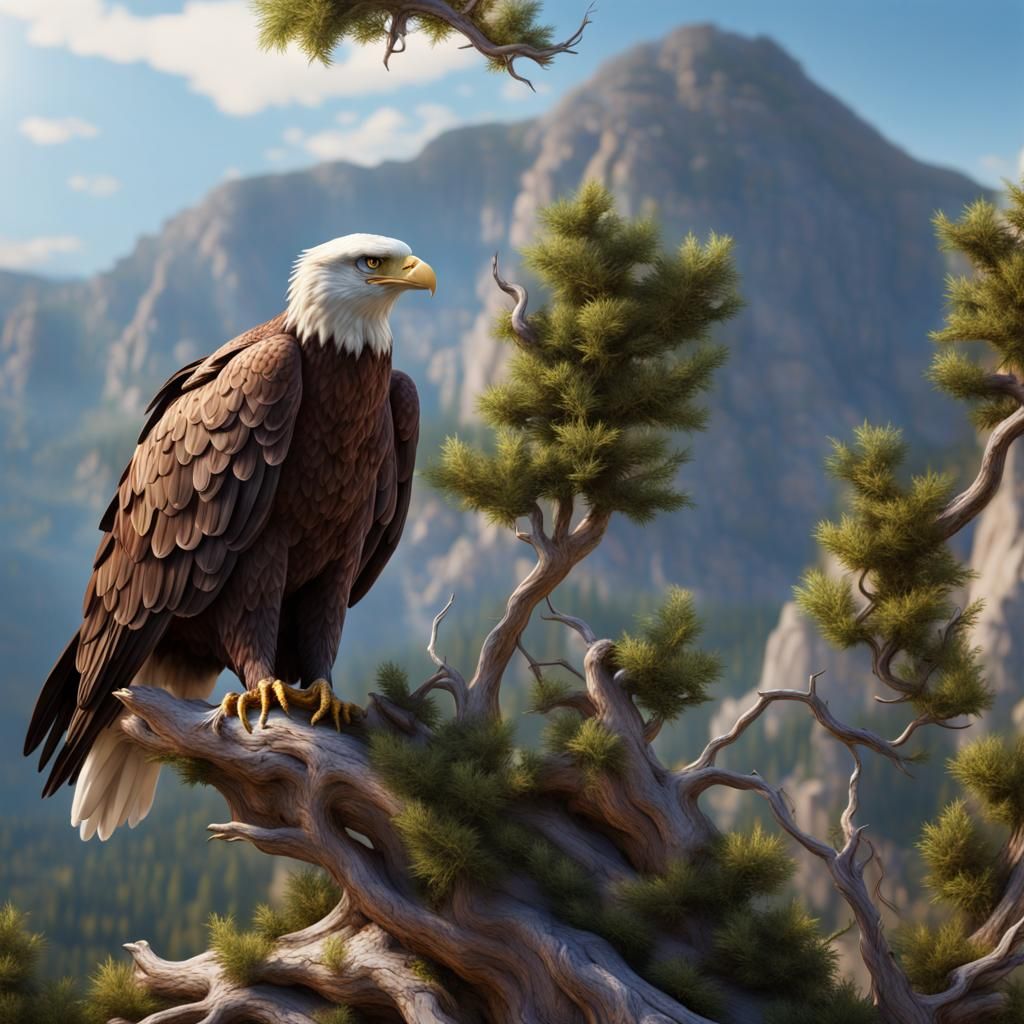 Hyperrealistic Eagle's Nest High in Tree, Mountain Backdrop
