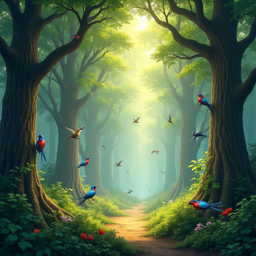 Sun-Drenched Forest Glade with Exotic Birds
