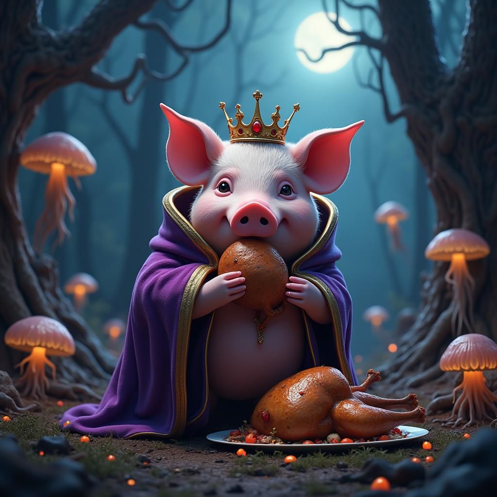 Majestic Pig Devouring Chicken in Dreamlike Forest