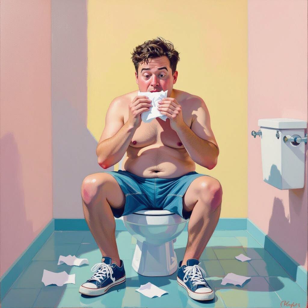 Man Eating Toilet Paper in Stylized Pastel Room