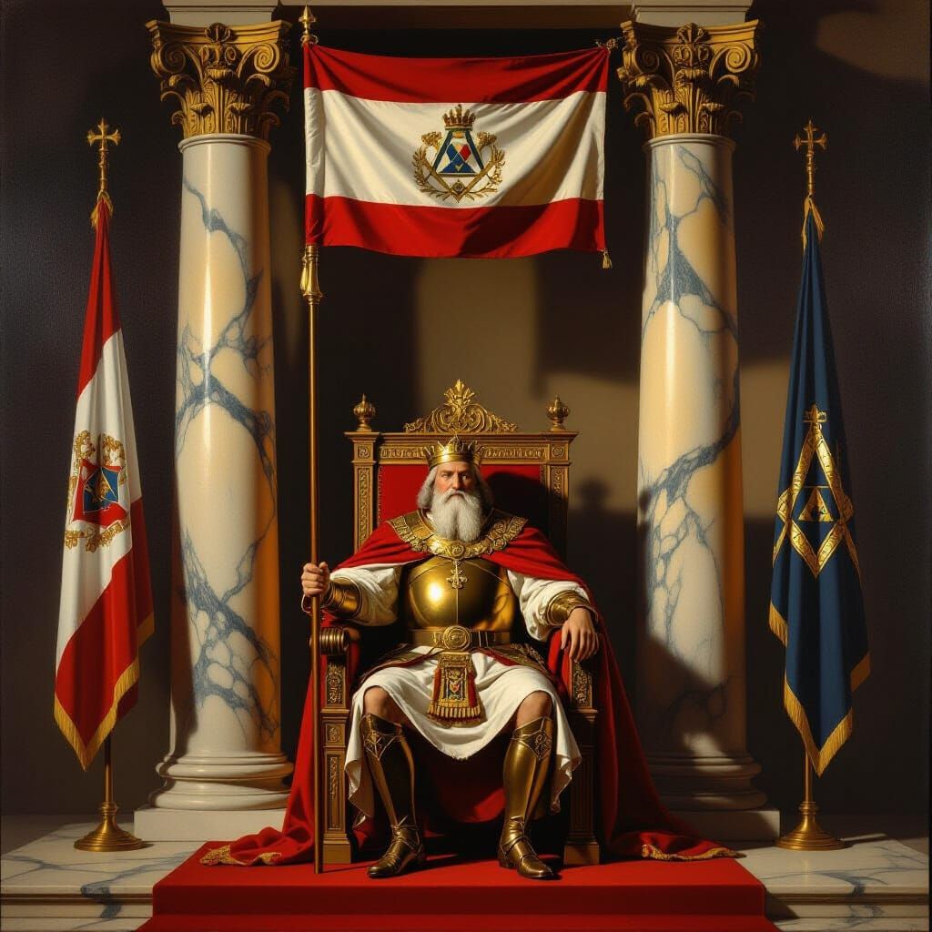 King Athelstan on Throne with Masonic Flags in Neo-Classical...