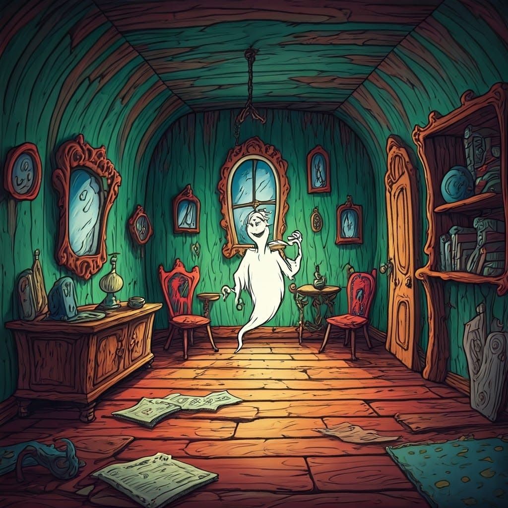 Whimsical Ghost in Haunted House, Children's Illustration St...