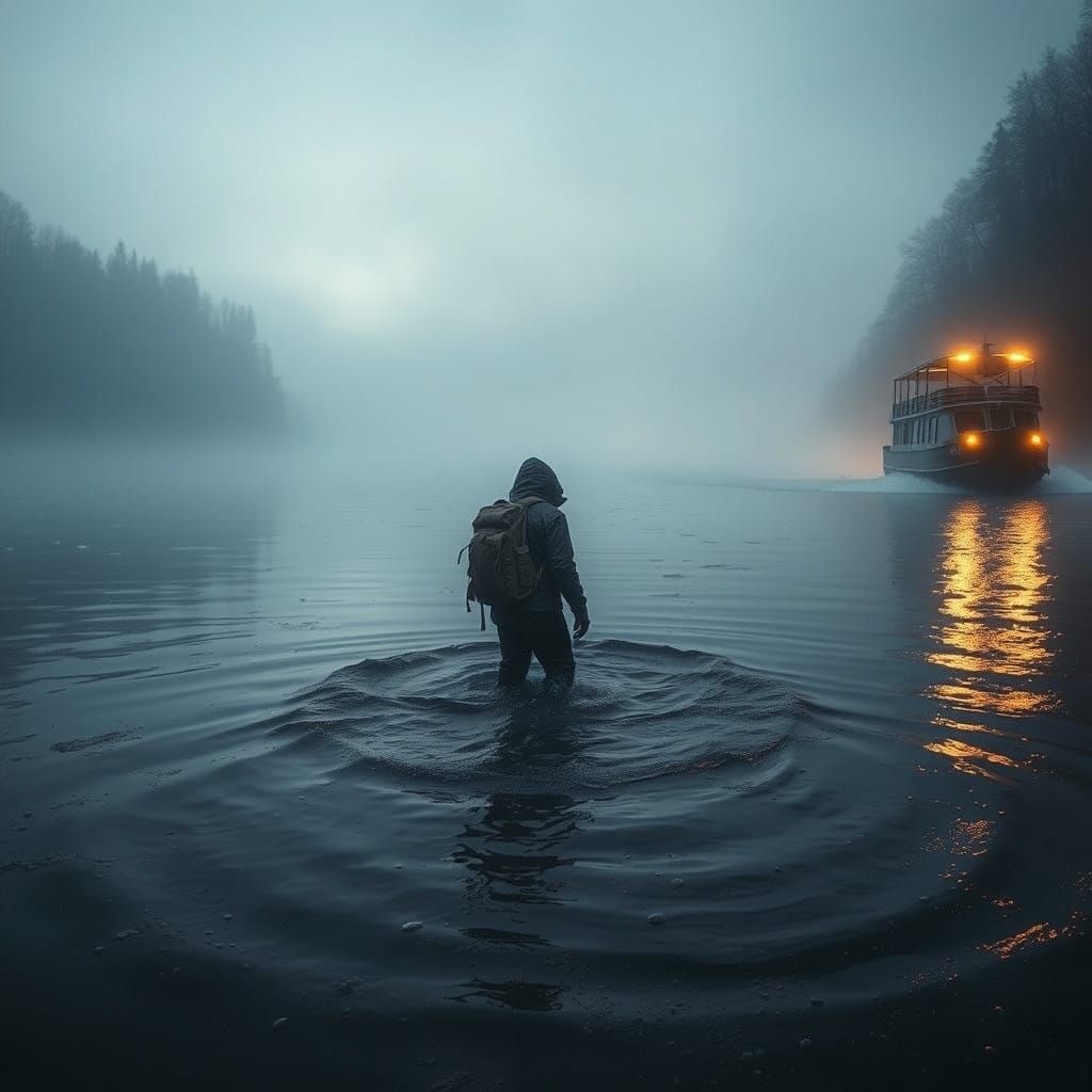 A lone figure braves the icy river in the dead of winter