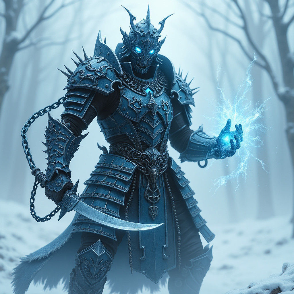 warforged race samurai swinging a spiked chain in one hand while casting frostbite with the other