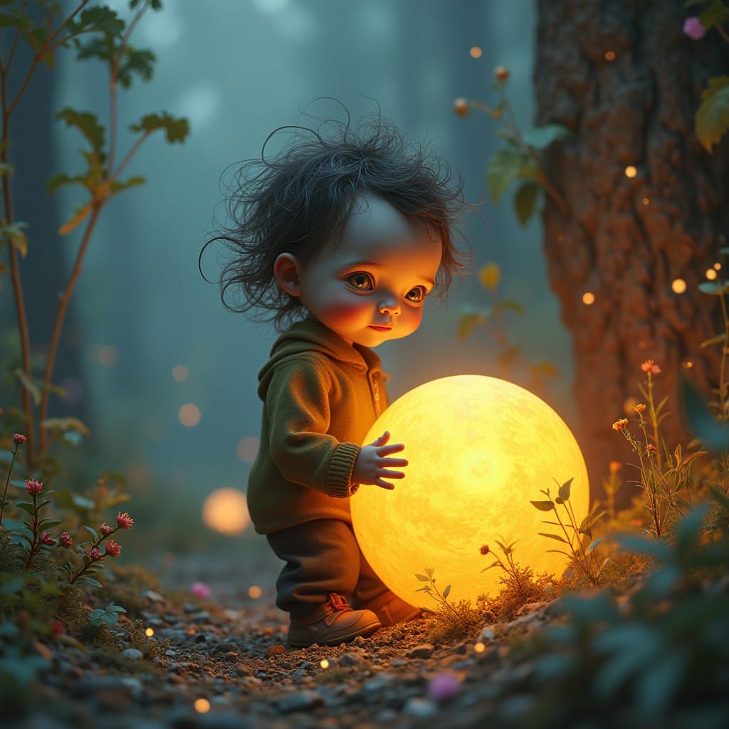 Whimsical Child Holds Glowing Orbs in a Dreamlike Landscape