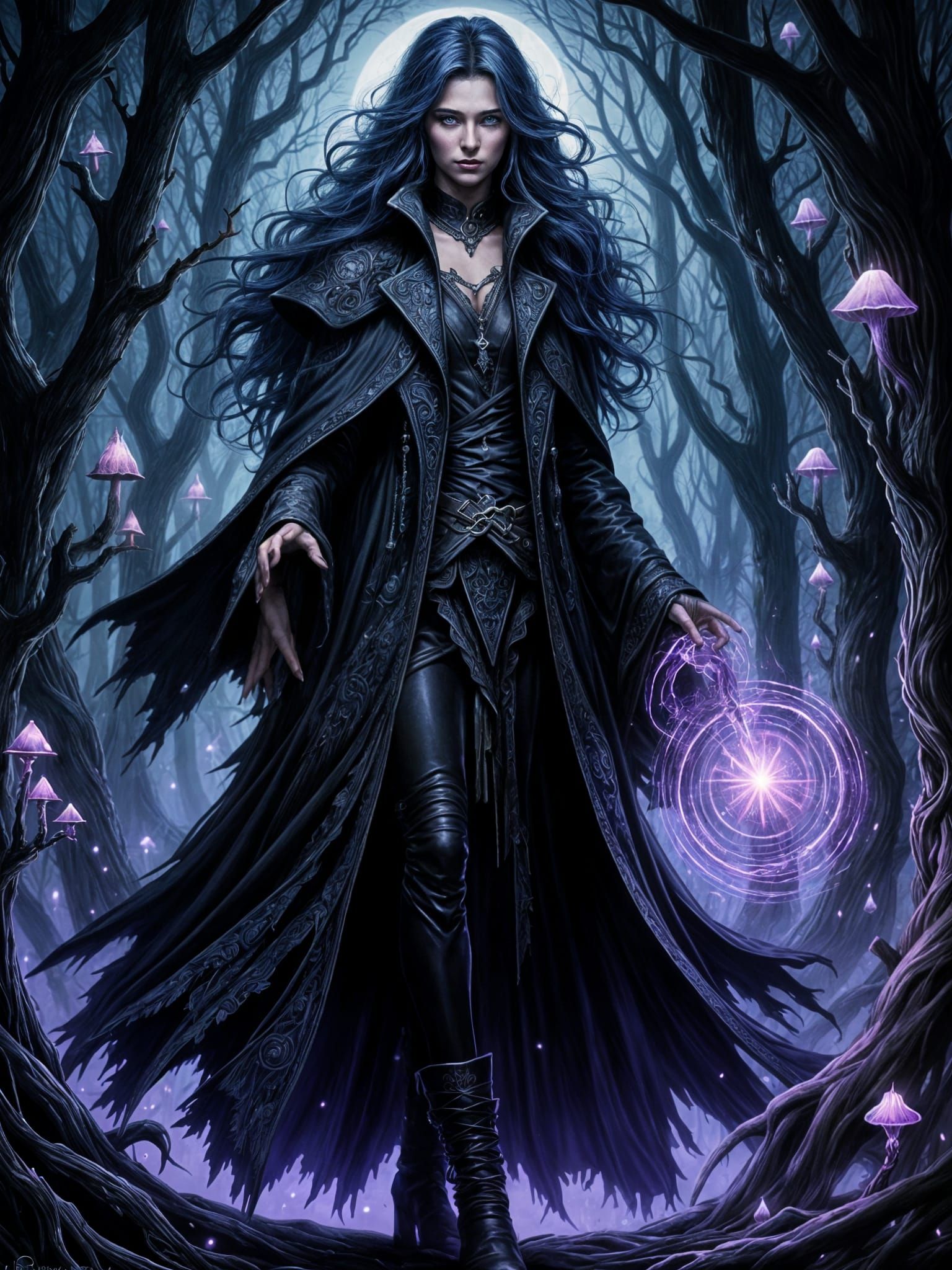 Mysterious Indigo Sorceress in Eerie Dark Fantasy Forest