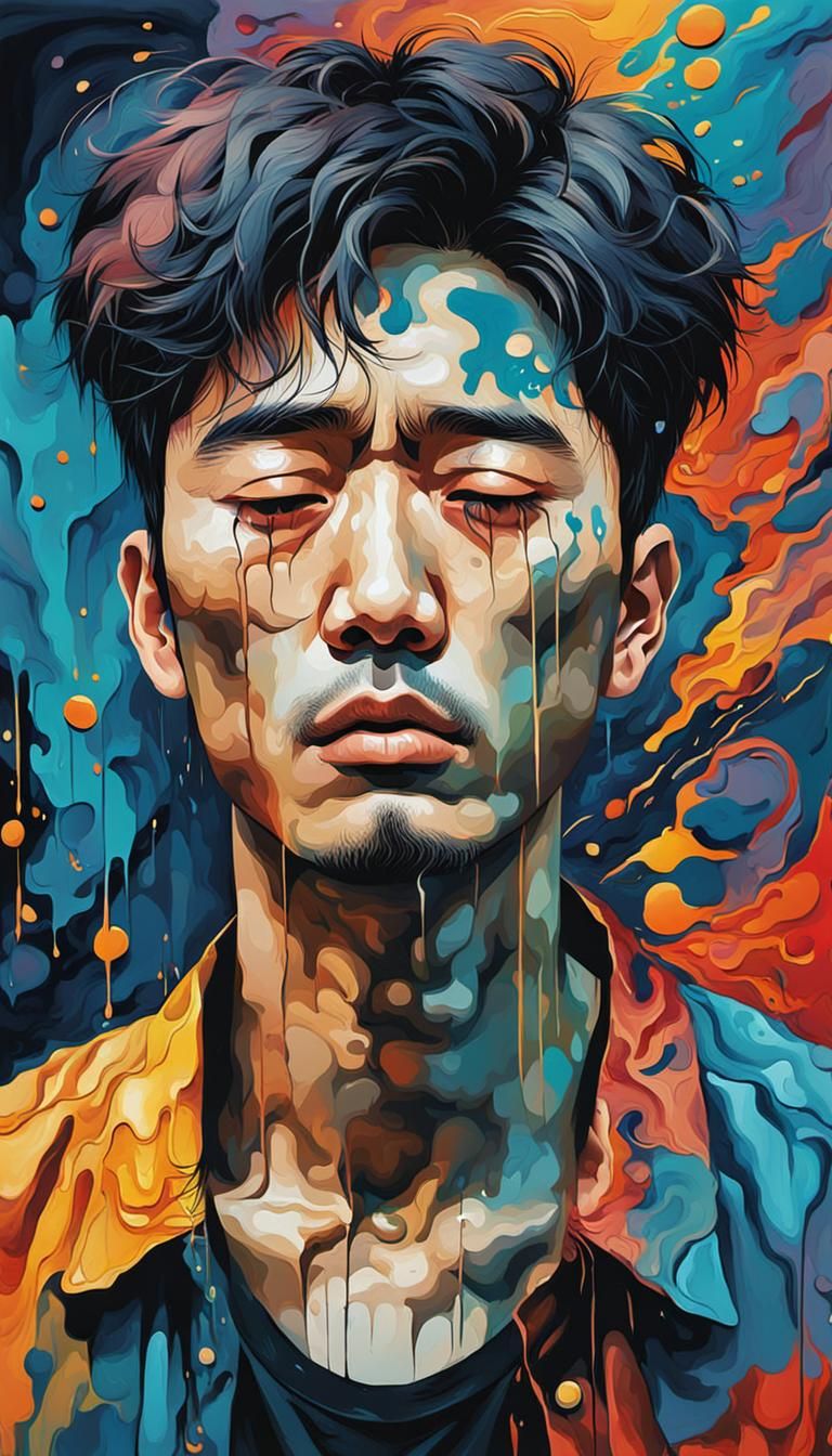 Young Korean man crying while looking down. Psychedelic painting filled with emotion and heartbreak.