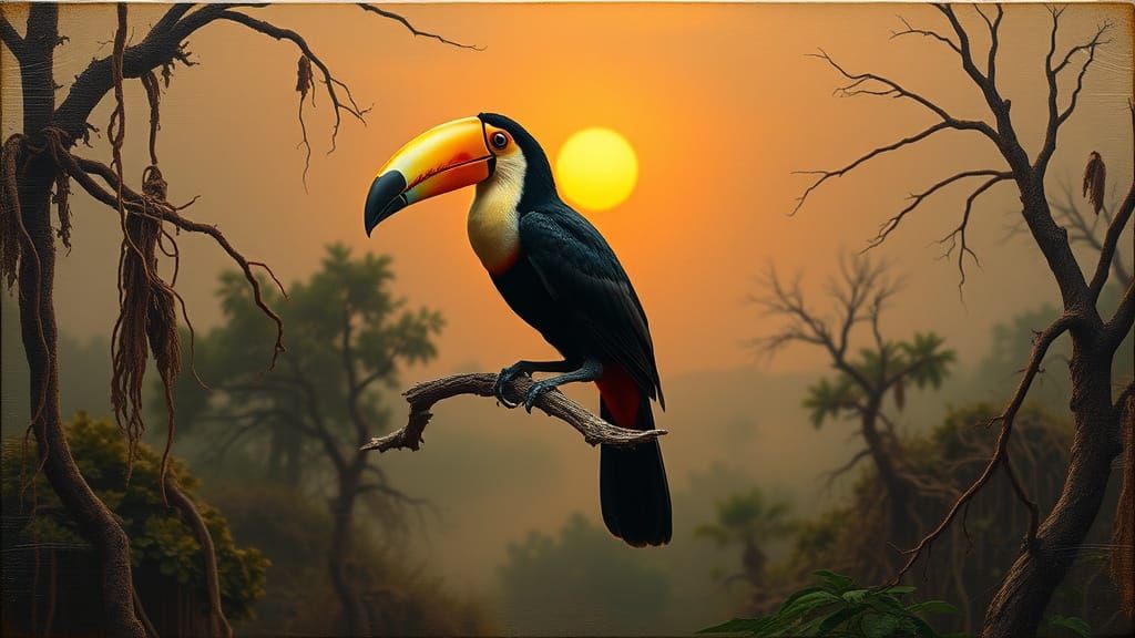 Emaciated Toucan on Shattered Branch in Drought Jungle