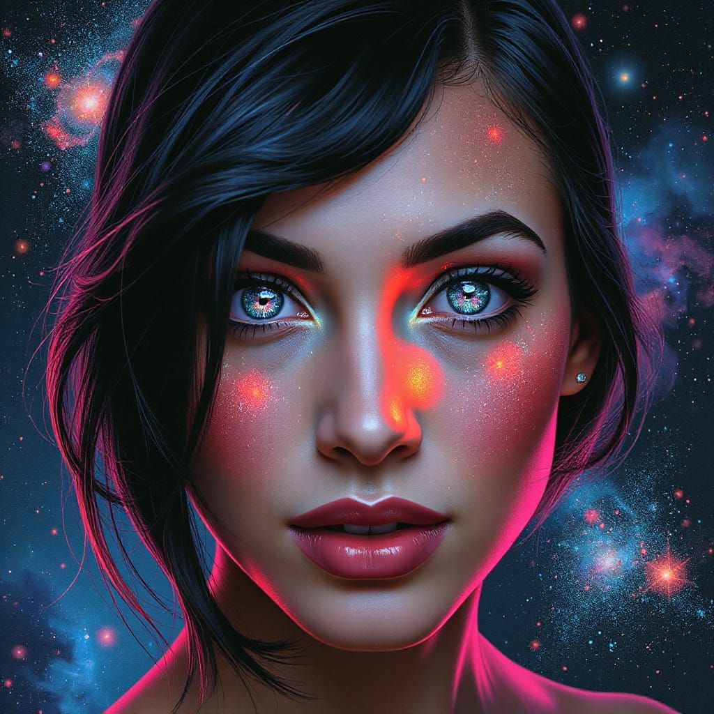 Woman with Iridescent, Galaxy-Filled Eyes