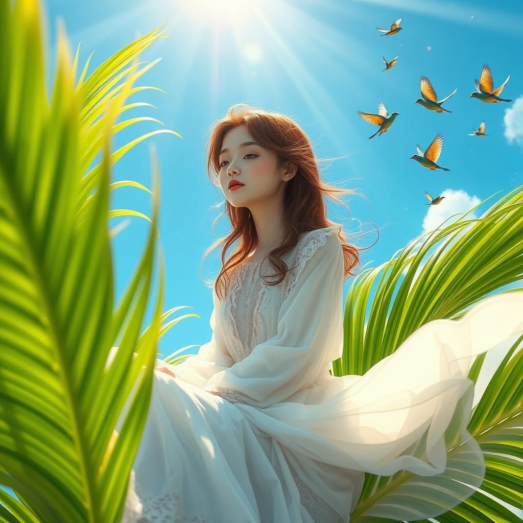 Serene Girl in Emerald Oasis: 8k Holographic Image