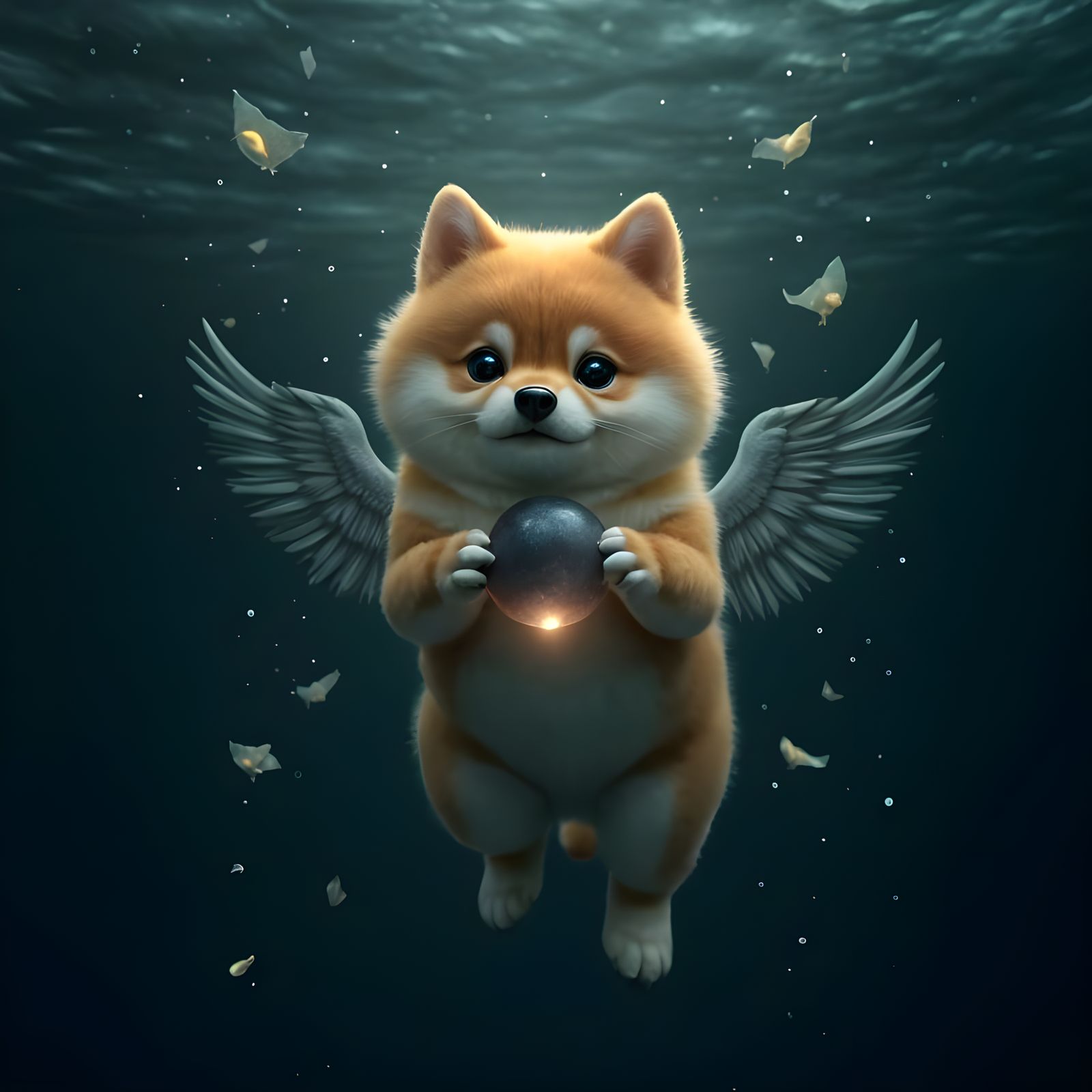 Ethereal Jindo Rises with Glowing Pearl in Dark Ocean