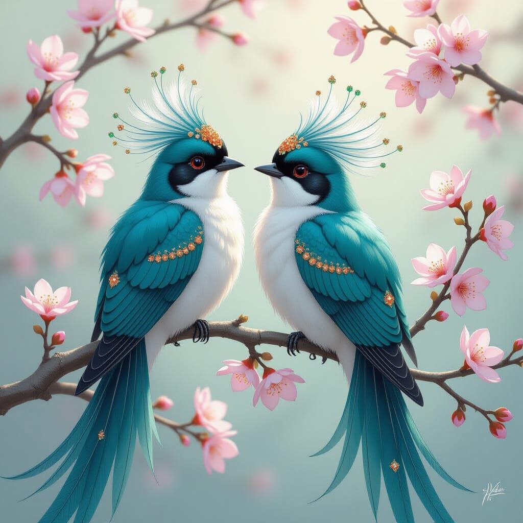 Enchanting Fantasy Birds with Gemstone Feathers Perch on Bra...