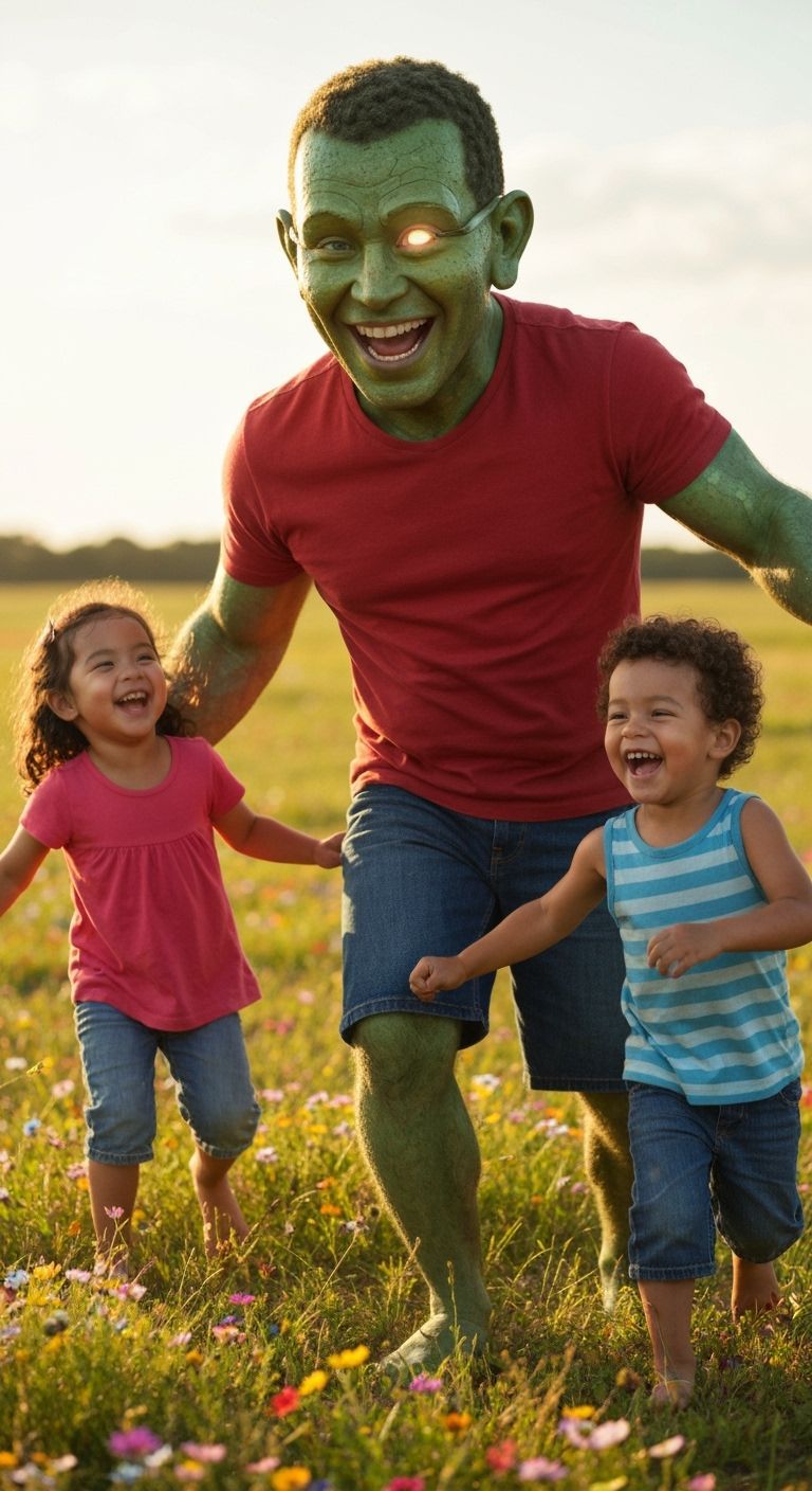 Joyous Cyclops Plays With Children in Sunlight