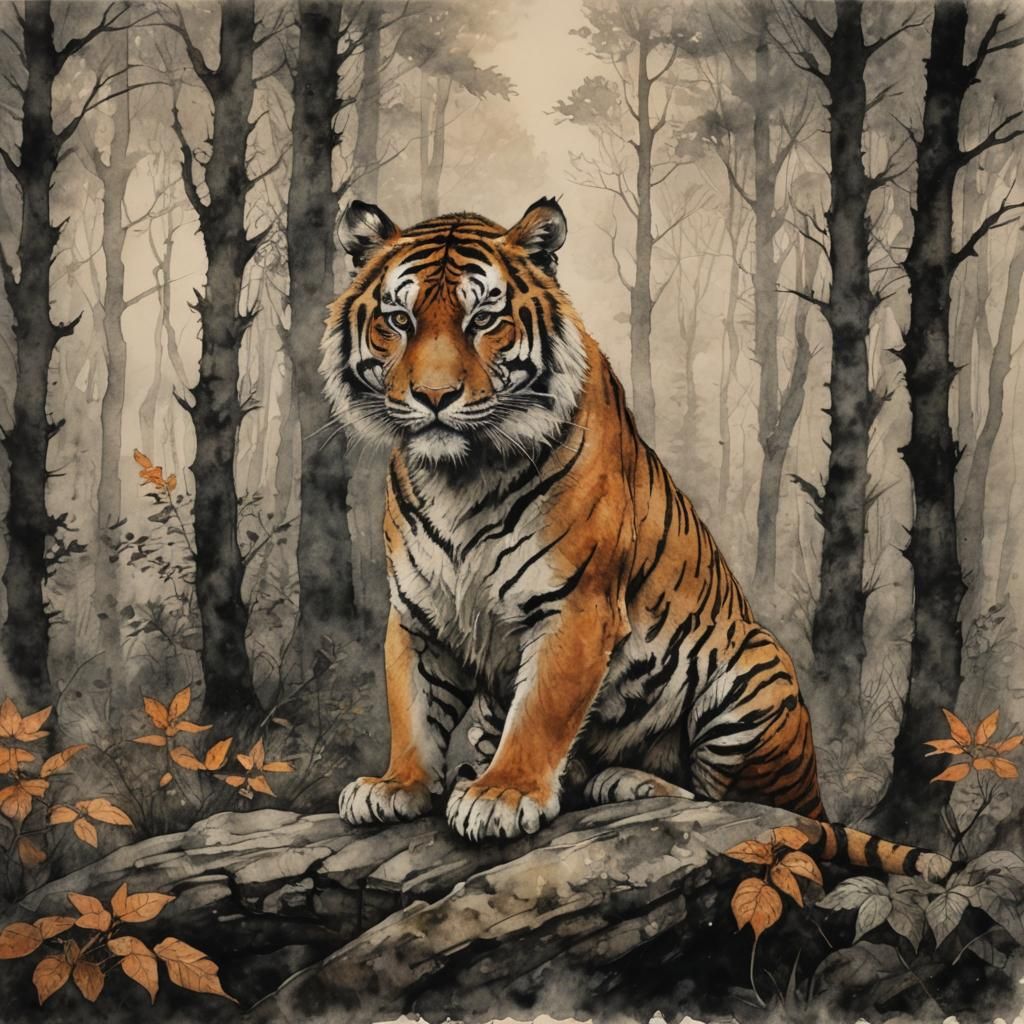Mystical Tiger in Foggy Forest, Watercolor Art