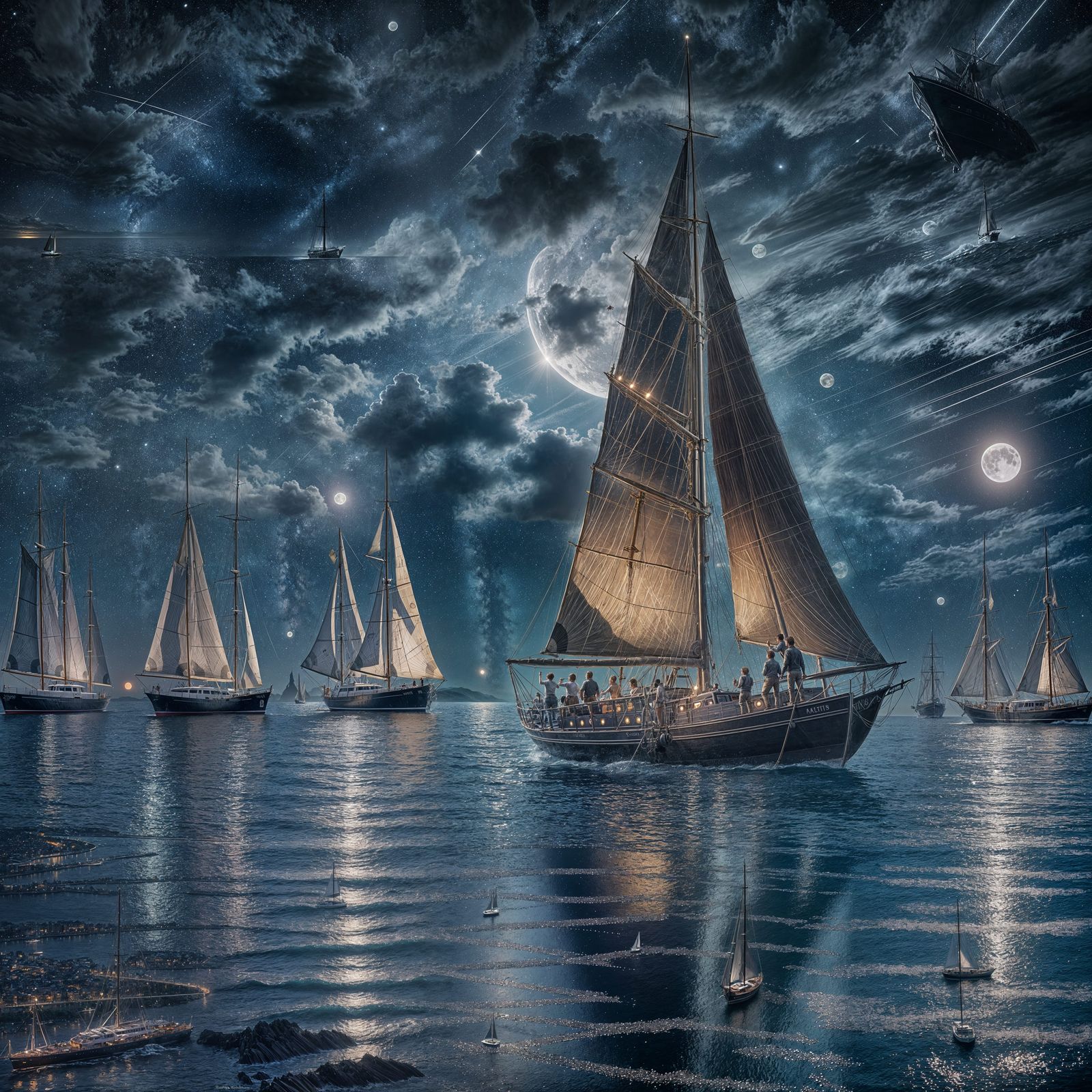 Sailboat Silhouette Under Sparkling Moon, Impressionist Pain...