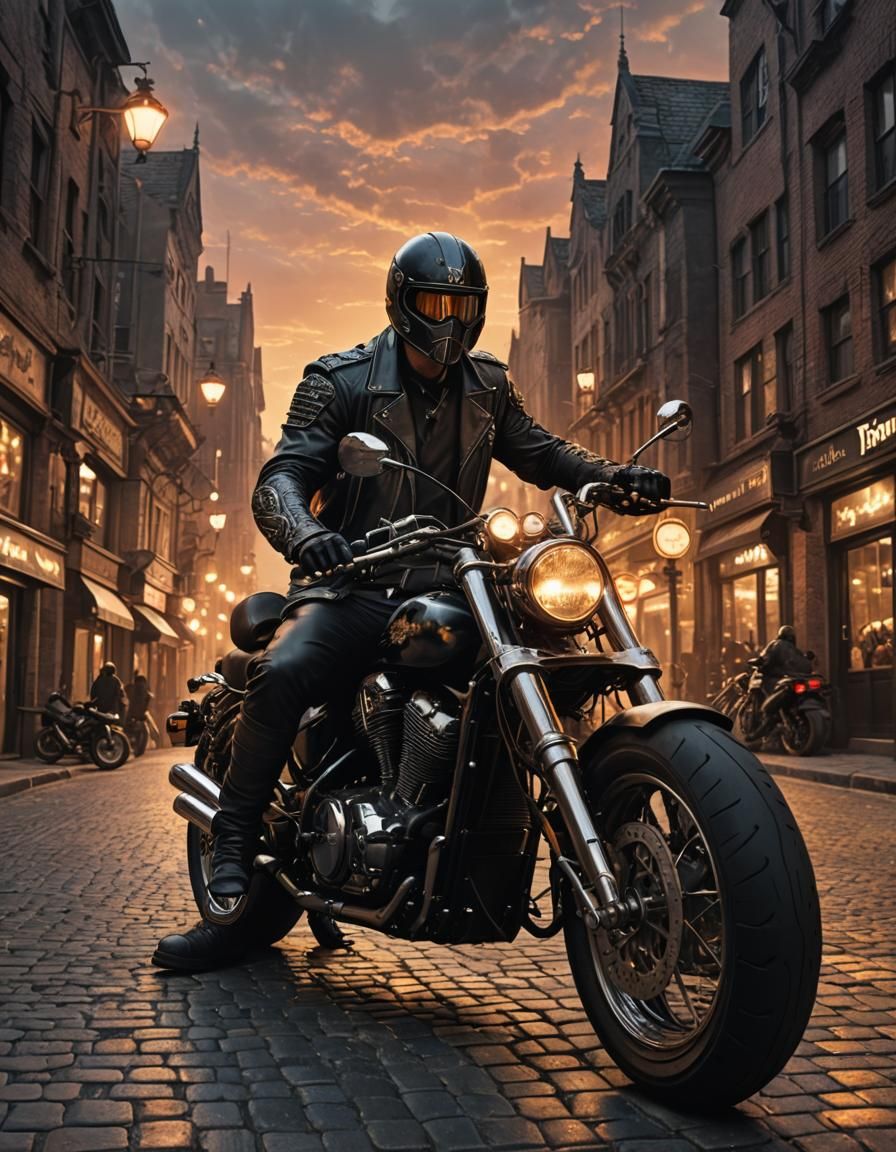 Fantasy Noir Biker in Frazetta-Inspired Cityscape