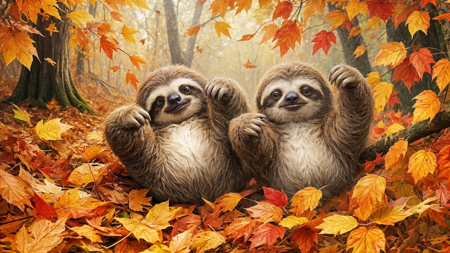 Cute Sloths Tumbling in Autumn Leaves