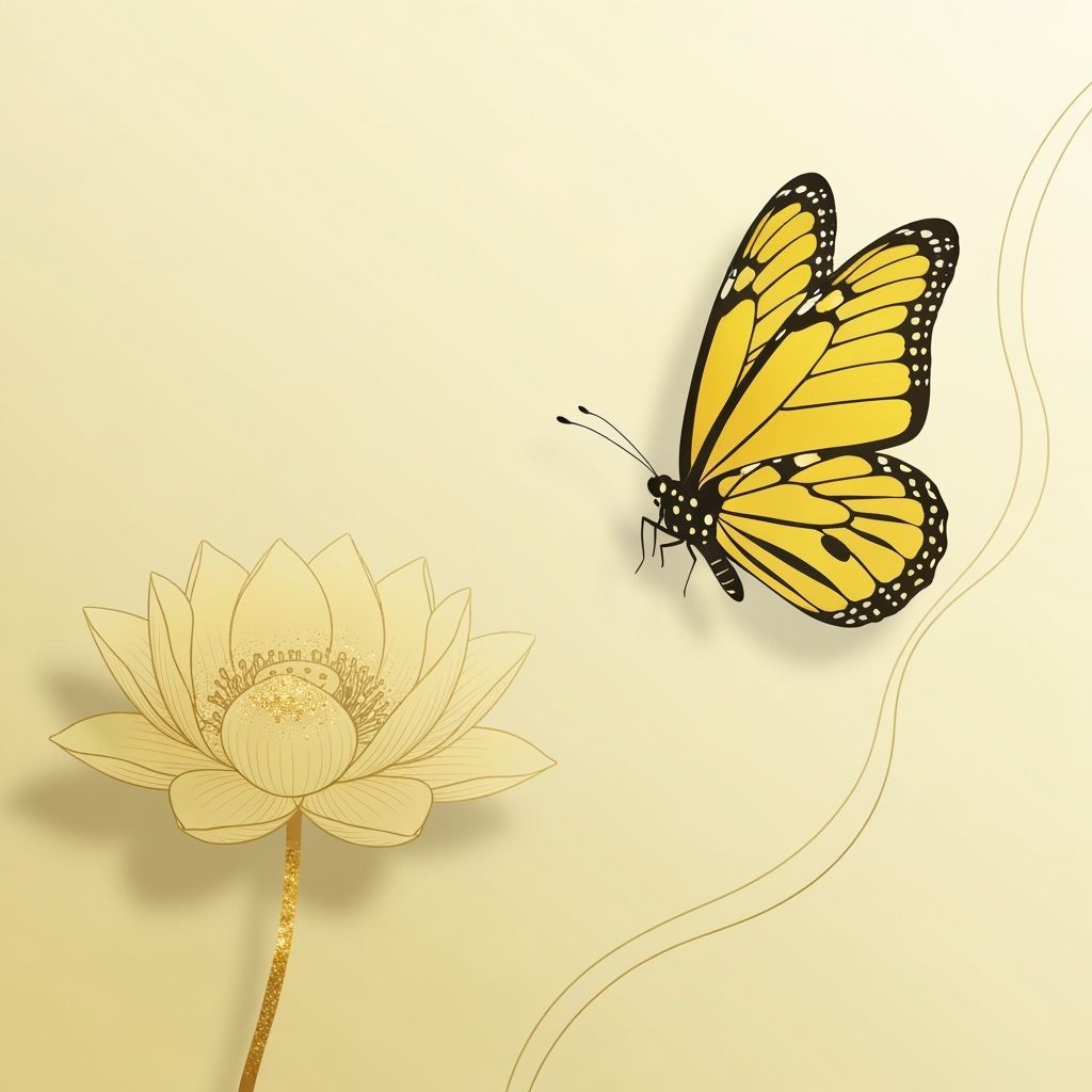 Minimalist Yellow Butterfly and Lotus Line Art