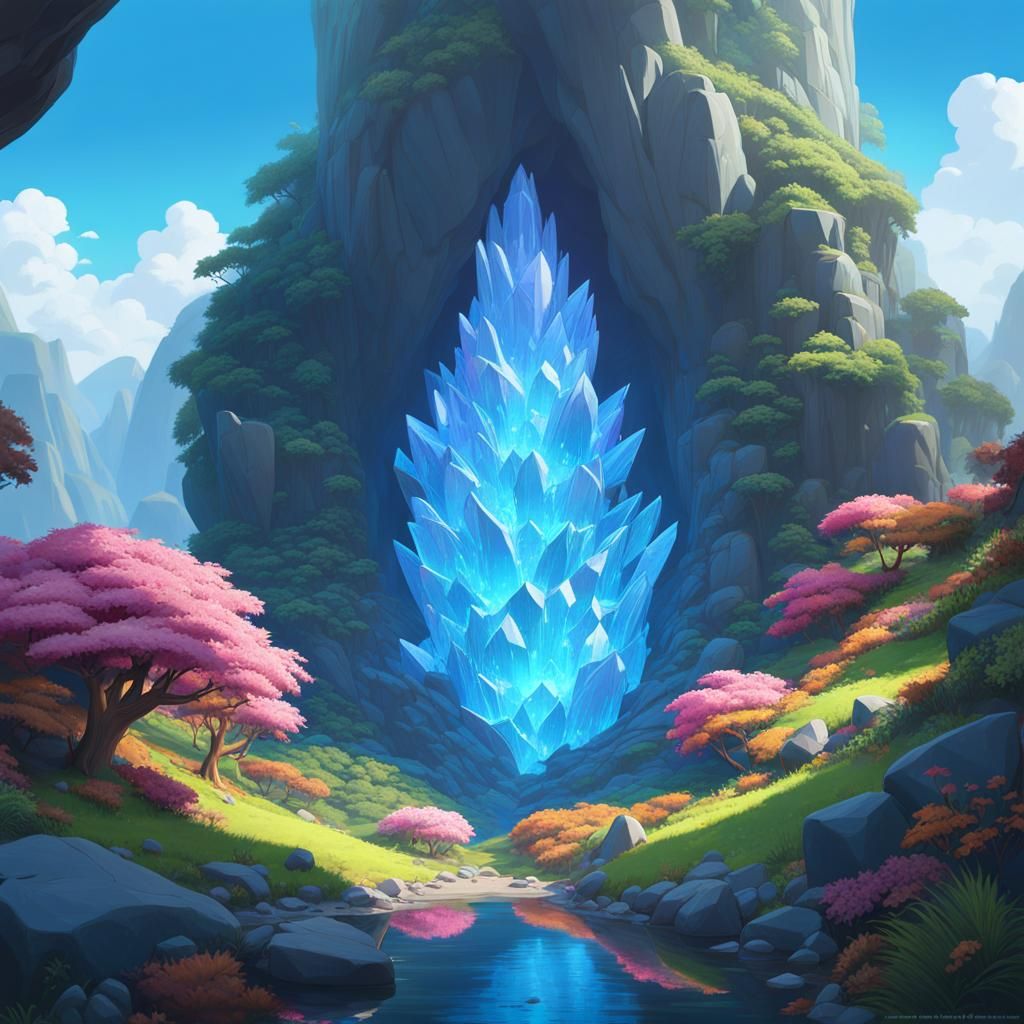 Colorful Crystal Cave in Ghibli Animation Style