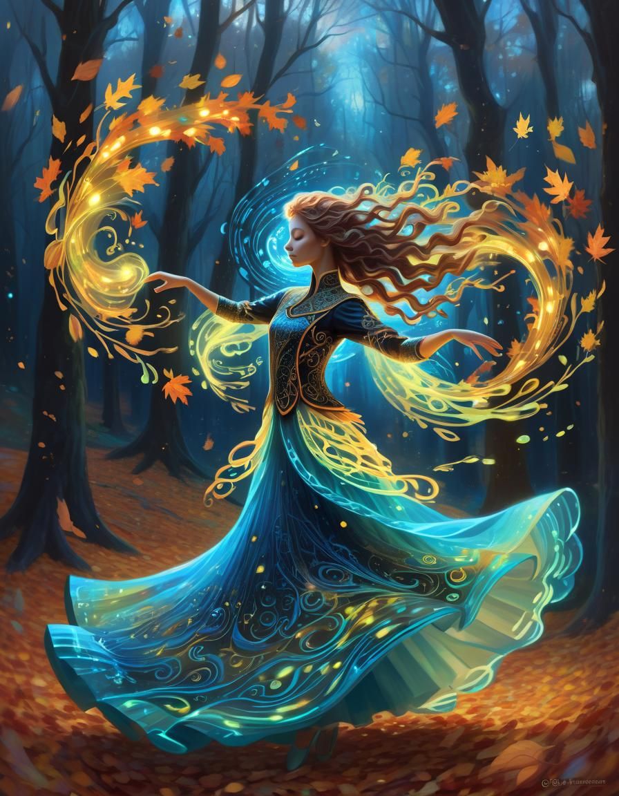 Bioluminescent Fantasy Dancer in Autumn Forest